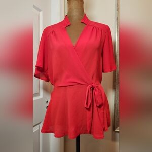 Monteau Red Faux Wrap Top - Very Feminine Sz L